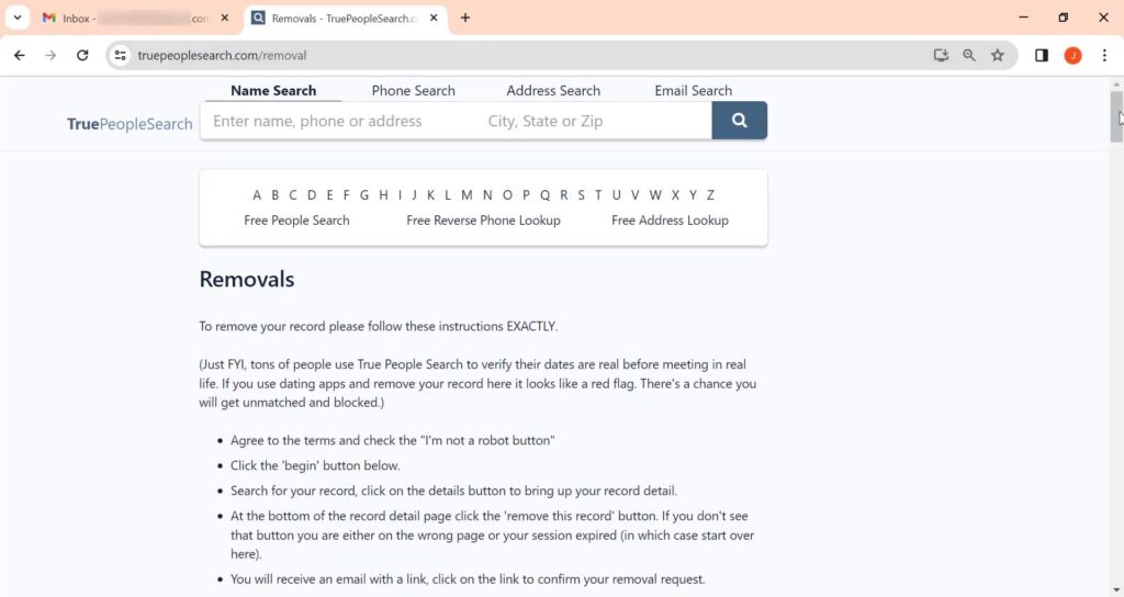 TruePeopleSearch Opt Out home page